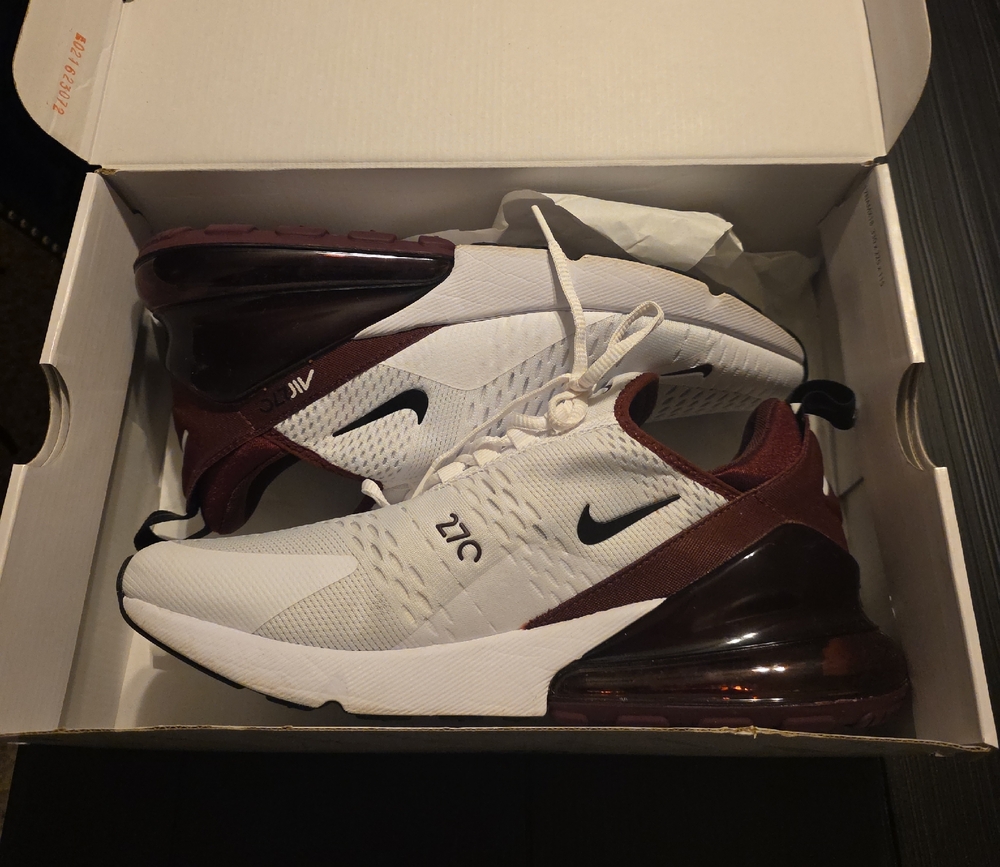 Nike Air Max 270 White and Burgundy Sneakers